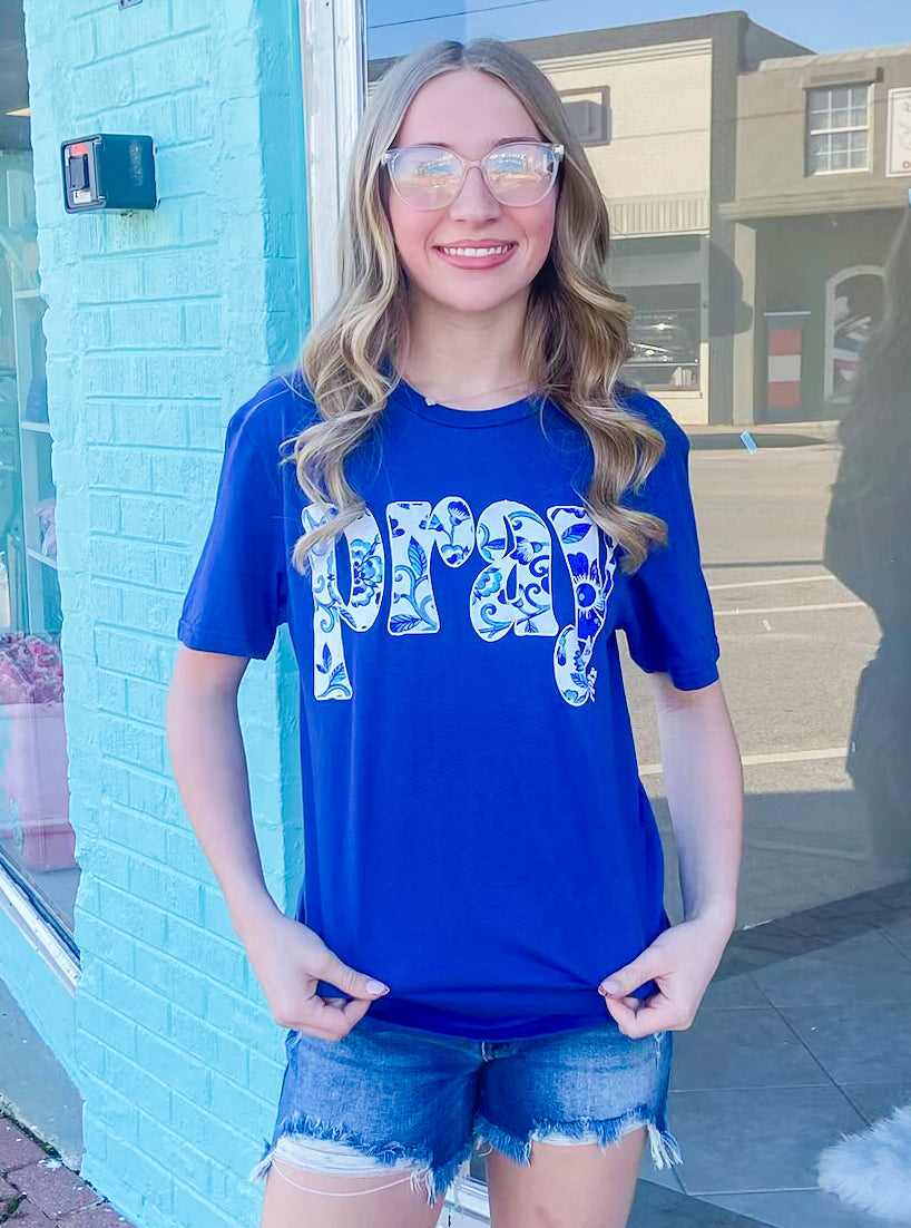 Pray Floral Blue Tee