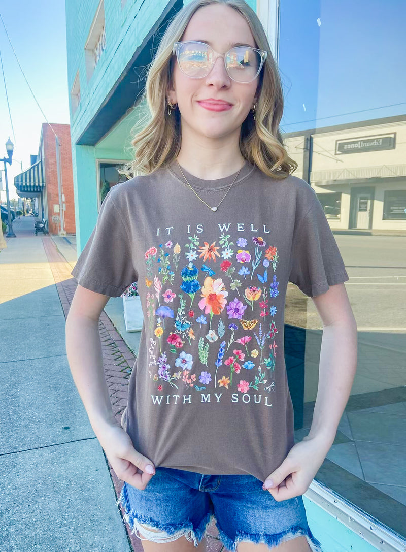 It Is Well With My Soul Floral Brown Comfort Colors Tee