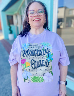 Amazing Grace Floral Hymnal Lavender Tee