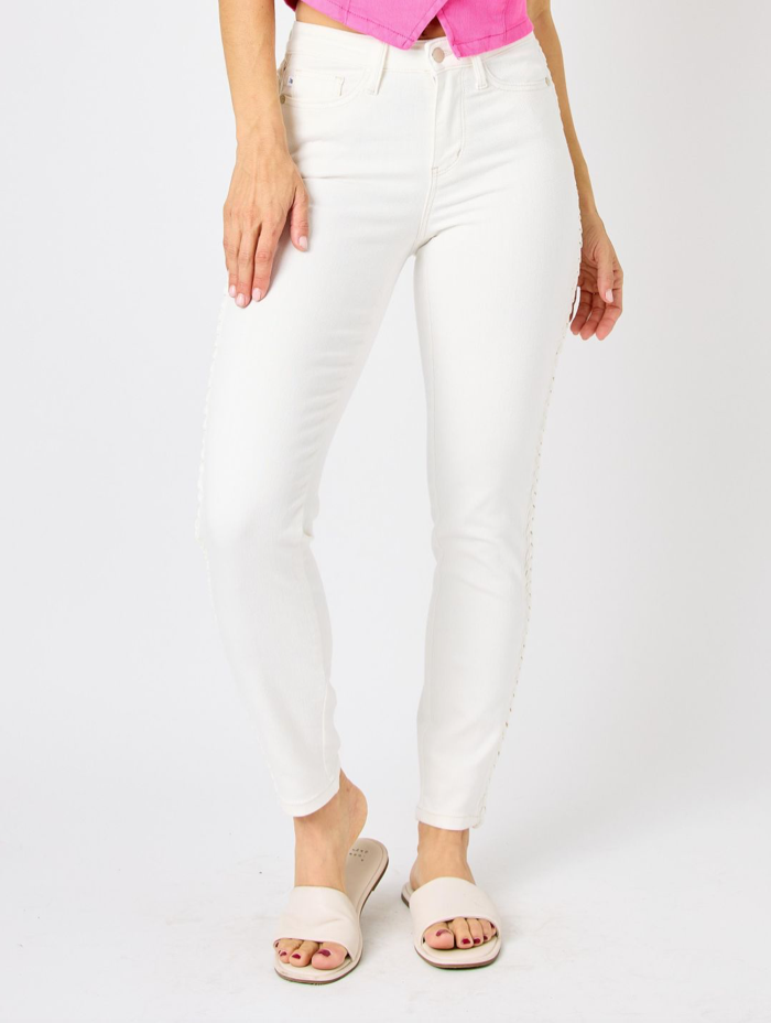 Brandy - White Braided Detail Mid Rise Skinny Judy Blue Jeans