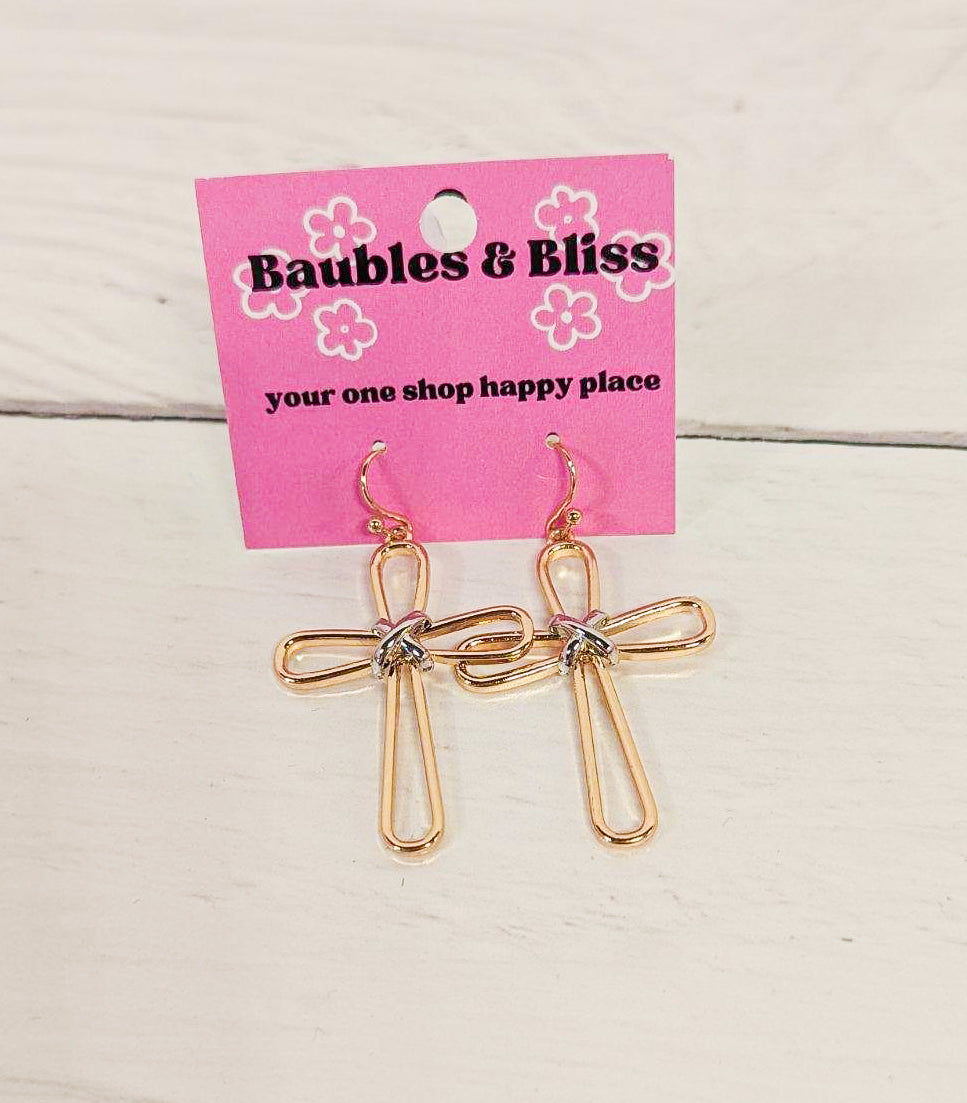 Be Blessed Cross Gold Twist Earrings