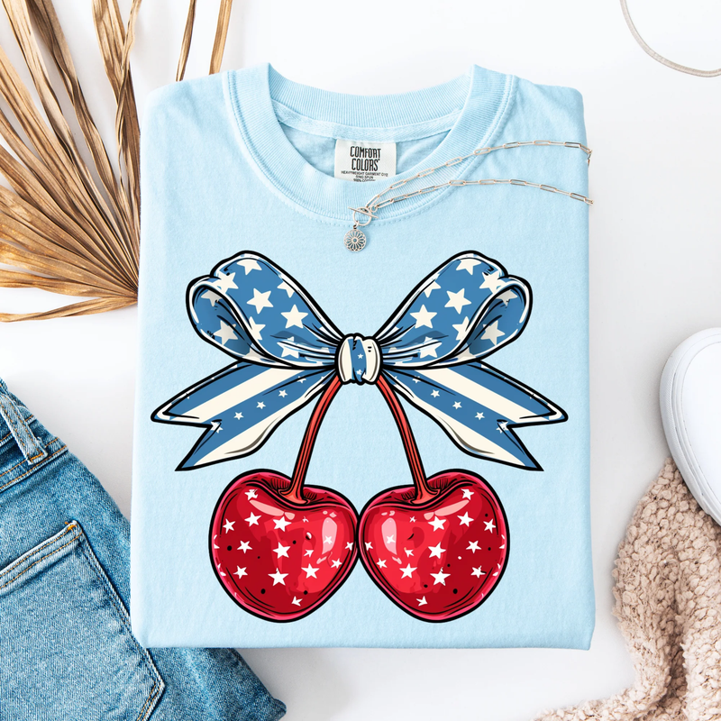 PREORDER Patriotic Bow Cherries Ice Blue Comfort Colors Tee