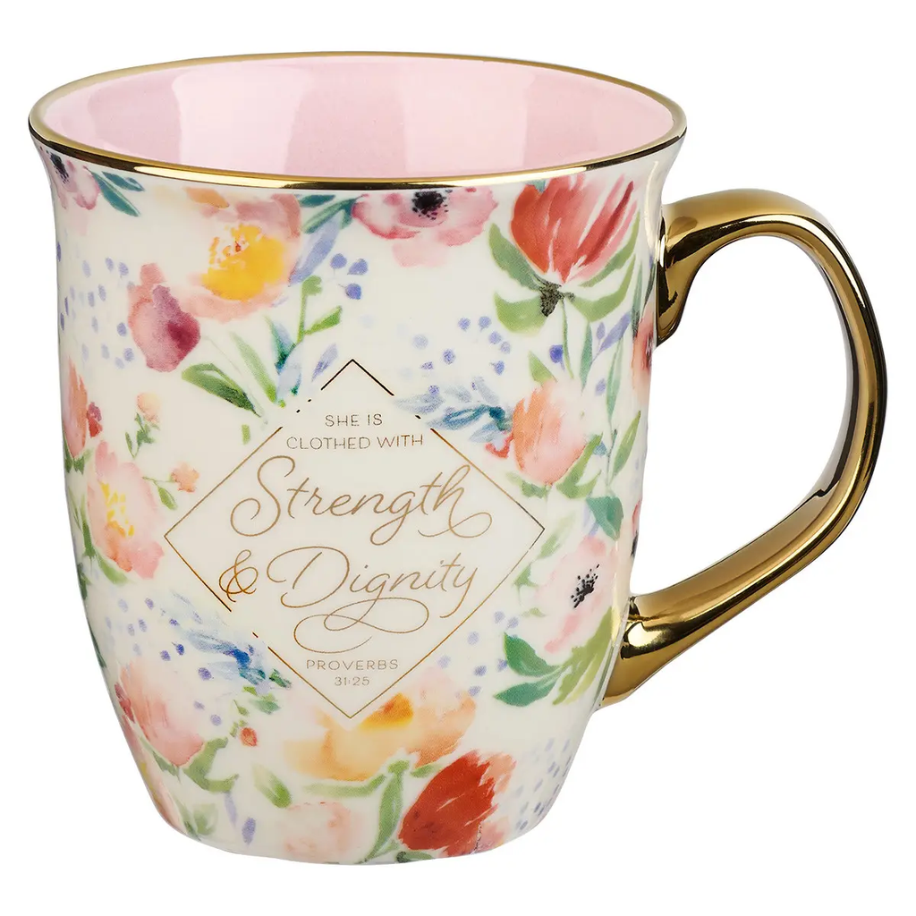 Mug Pink/White Floral Strength & Dignity Prov. 31:25