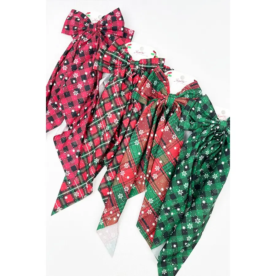 Christmas Plaid Long Hair Bow Clip