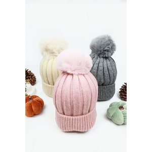 Solid Ribbed Pom Pom Knit Beanie