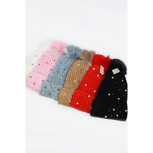 Pearl Accent Fur Lined Pom Pom Beanie