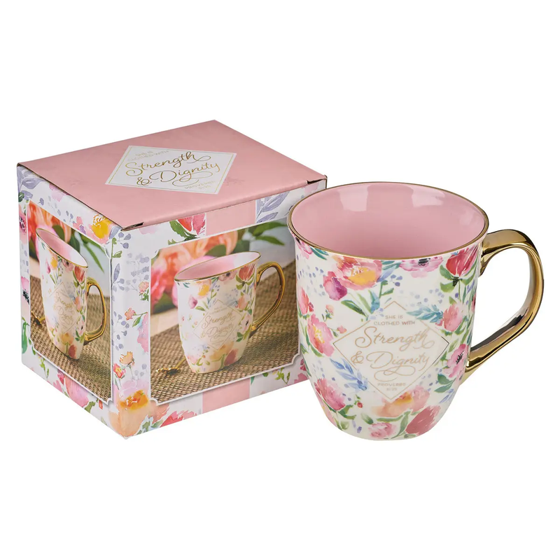 Mug Pink/White Floral Strength & Dignity Prov. 31:25